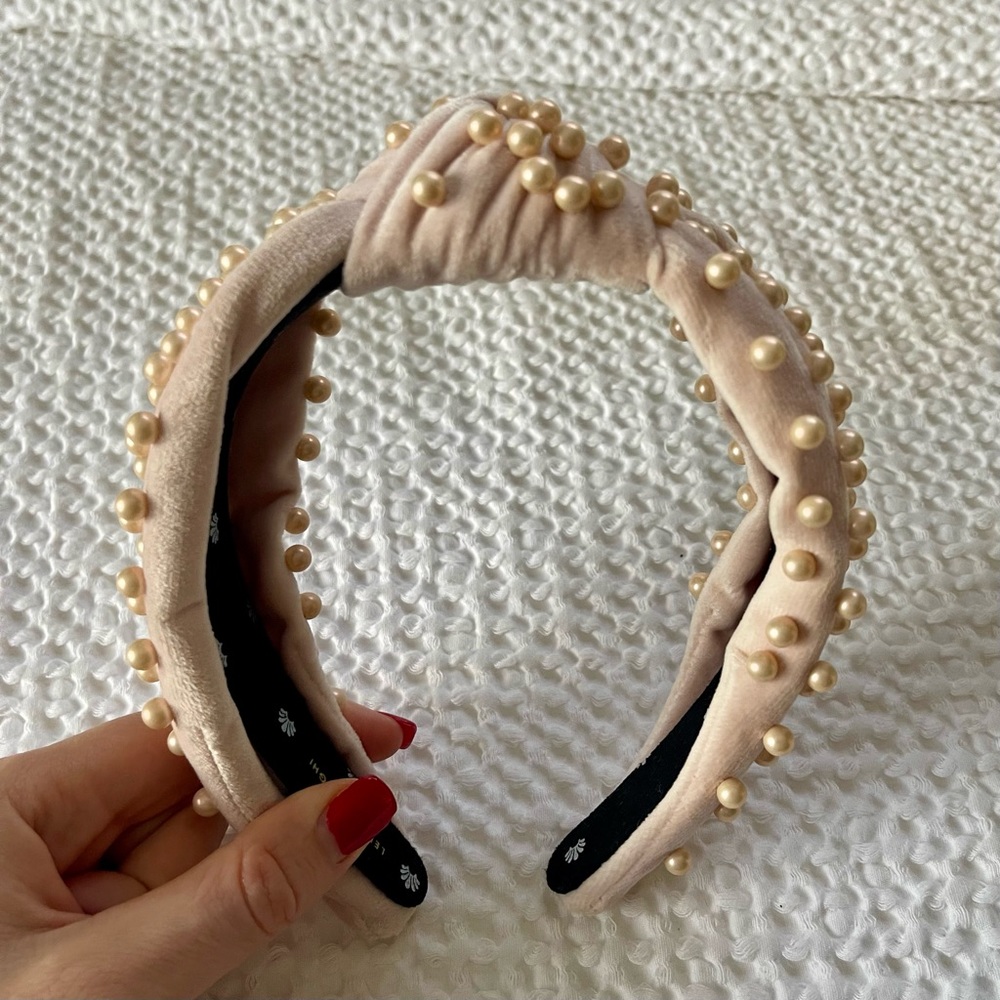 Lele Sadoughi Blush Pink Velvet Headband Embellished With Pearls